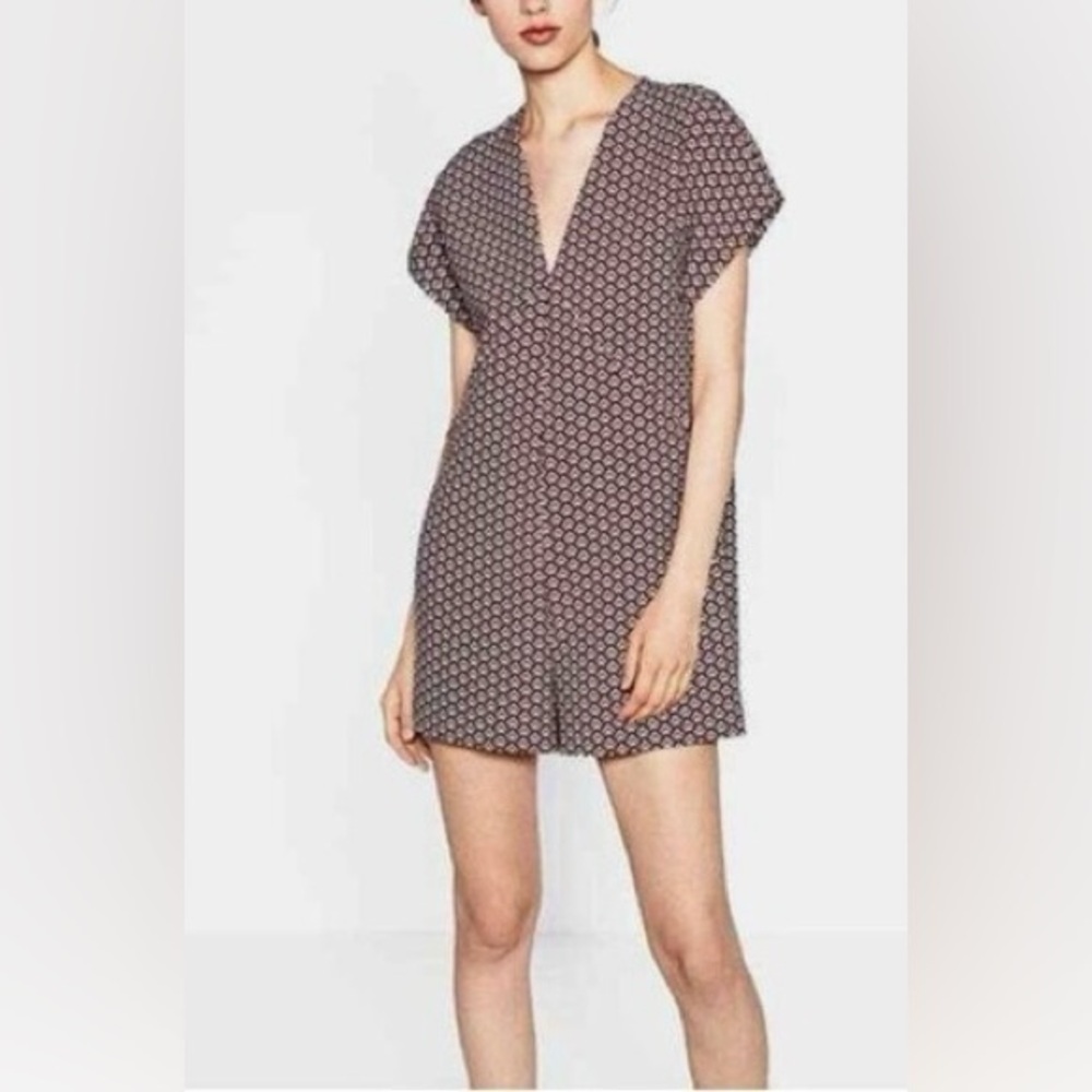 Zara Trafaluc Geometric Wrap Romper XS Burgundy Chevron